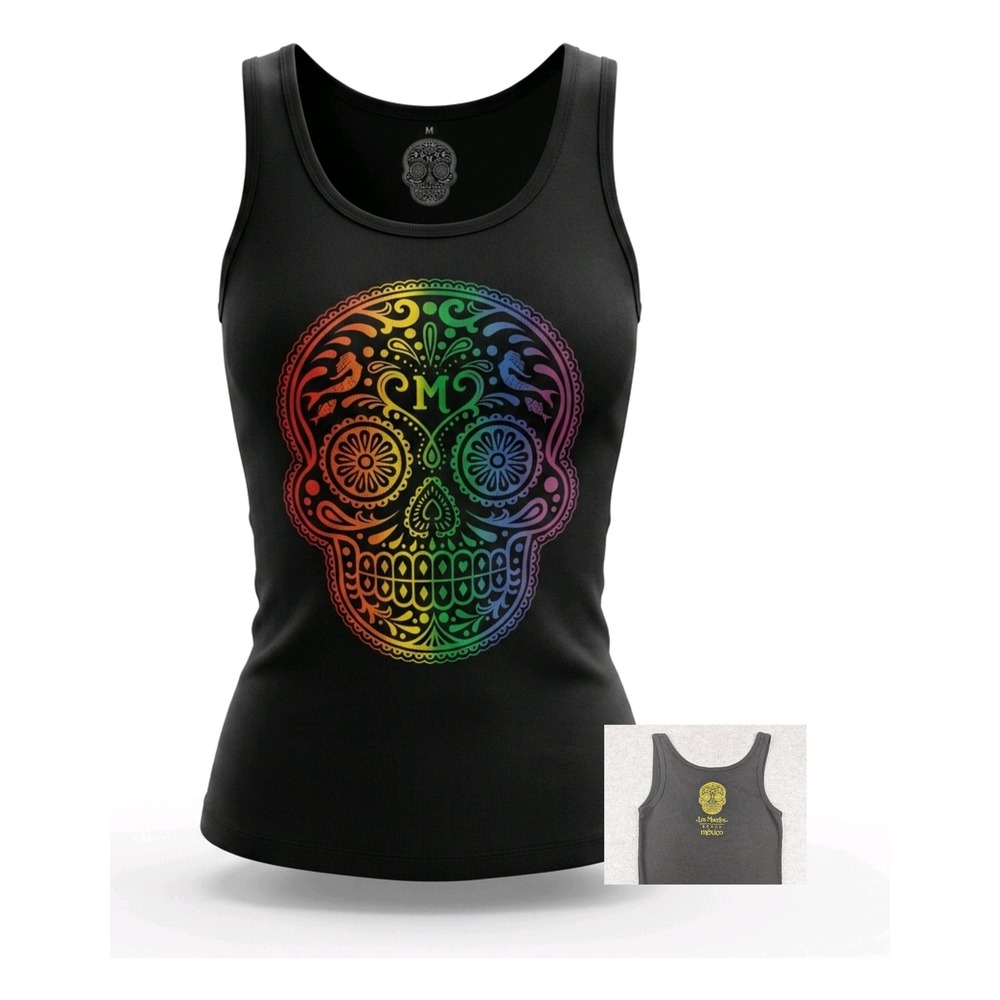 UFFF Los Muertos Beach Mexico Rainbow Sugar Skull Tank Top Black Medium